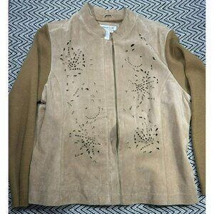 Coldwater Creek Women's Large Beige Faux Suede Jacket Knit Sleeves & Zip Closure